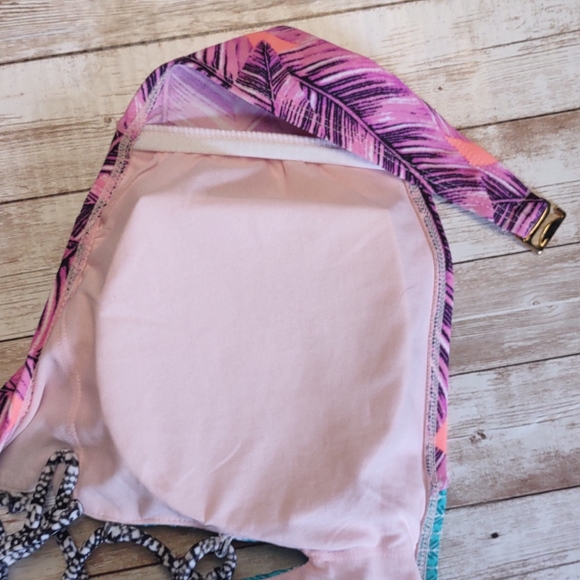 Hula Honey Leaf Breeze Lace Up High Neck Bikini Swim Top in Pink Multi XL - Picture 7 of 10